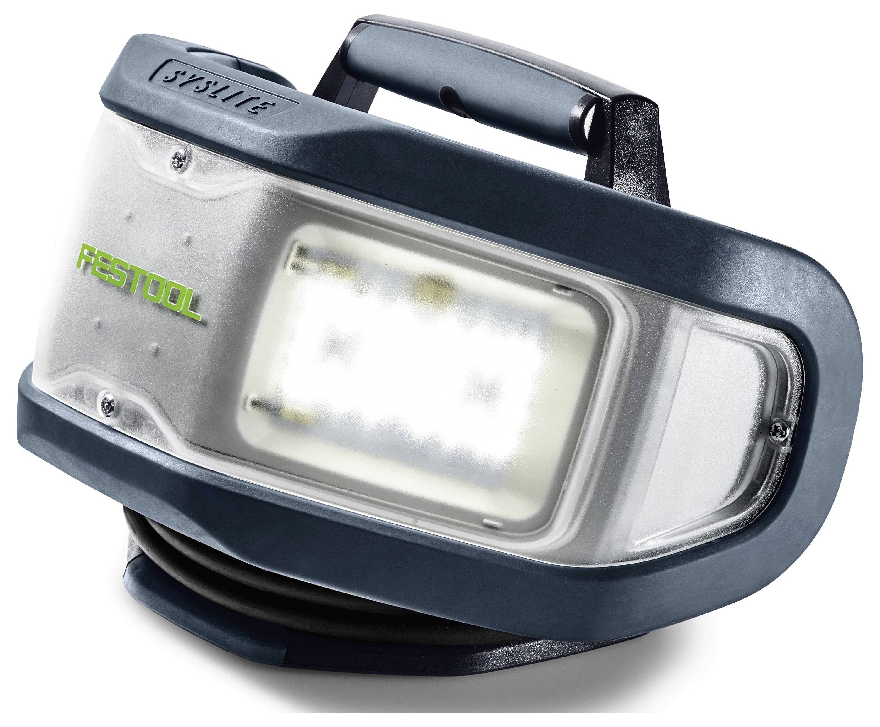 Une lampe de travail LED portable avec une poignée et un câble, affichant le nom de marque 'Festool' sur le côté, positionnée en biais.