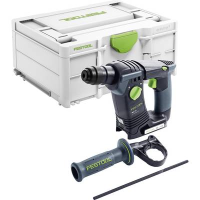 Un marteau-perforateur Festool bleu et noir avec un bouton vert et une poignée auxiliaire, positionné devant un coffret de rangement d'outils blanc.