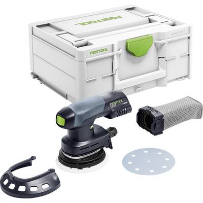 Un ponceuse électrique compact avec divers accessoires est exposée devant un boîtier de rangement gris et vert.