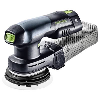 Un ponceuse portative Festool avec un sac à poussière est présentée. Elle présente un design compact avec un bouton vert et la marque sur le côté.