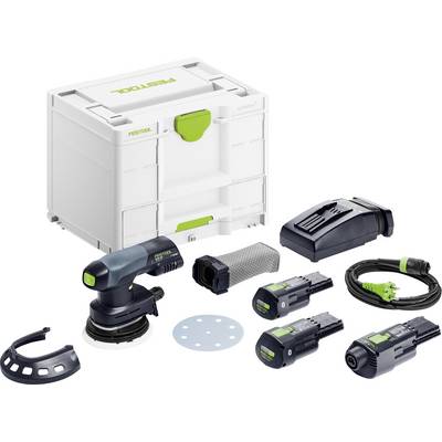 'Un ensemble de ponceuse comprend une ponceuse, une station de charge, un sac à poussière, deux batteries, un cordon d'alimentation et un boîtier de rangement blanc avec des accents verts.'