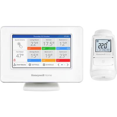Écran du thermostat 'Honeywell Home' affichant les températures des pièces : Salon 22°C, Cuisine 17,5°C, Chambre 1 19°C. Options de paramètres et de programmation visibles.