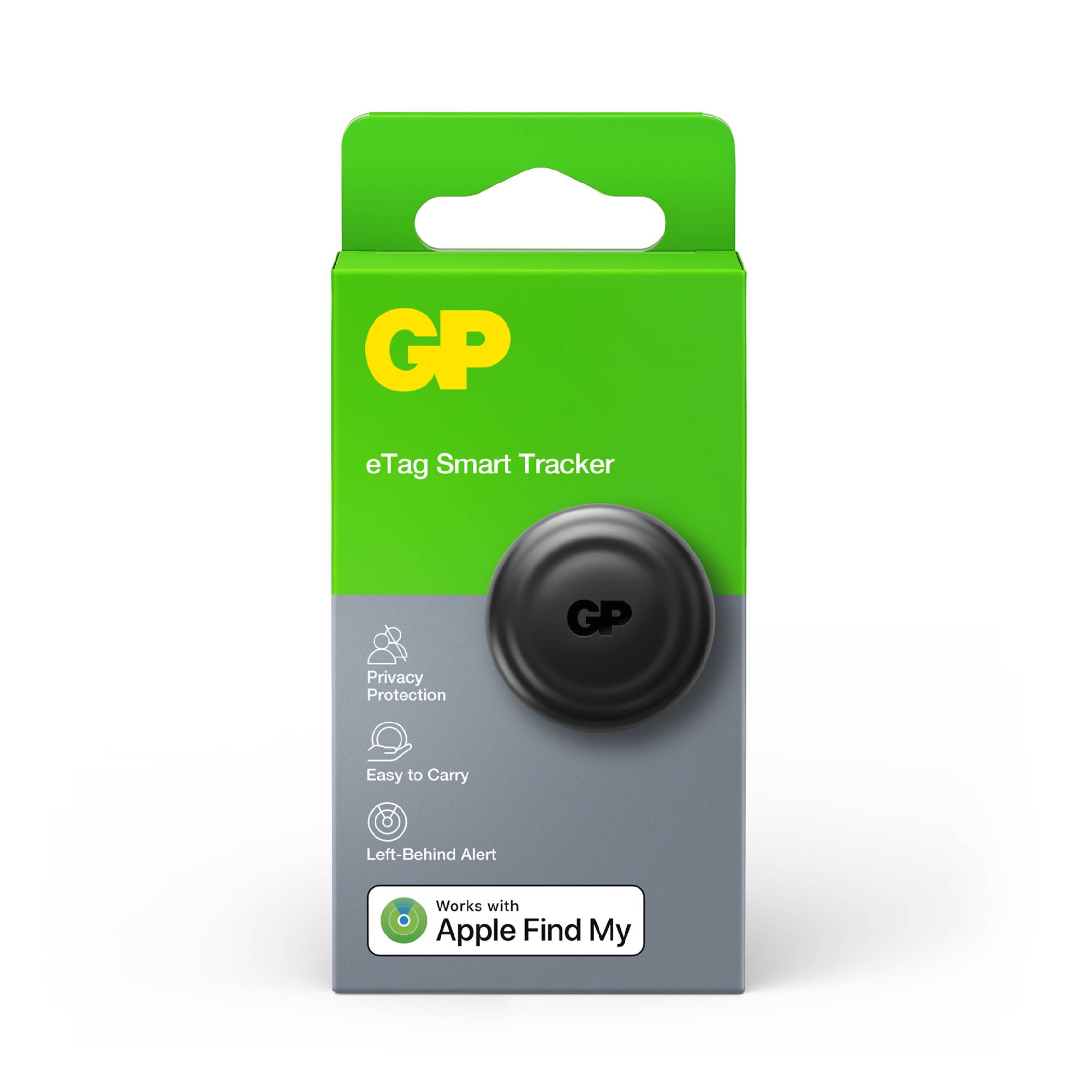 Traceur intelligent GP eTag sur un présentoir, avec des fonctionnalités comprenant la protection de la vie privée, la portabilité, l'alerte en cas d'oubli et la compatibilité avec Apple Find My.