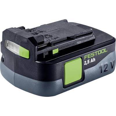 Une batterie noire et verte étiquetée « Festool 12V, 2,5 Ah » avec un symbole lithium-ion visible, conçue pour des outils électroportatifs.