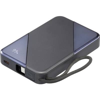 Un bloc d'alimentation portable compact de couleur noire, de forme rectangulaire, doté d'un affichage numérique indiquant le niveau de charge, équipé d'une dragonne et de plusieurs ports de recharge.