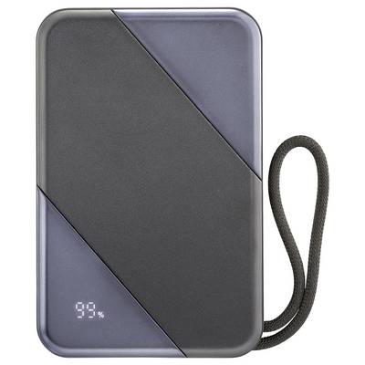 Une batterie externe rectangulaire portable avec un écran numérique affichant « 99 % ». Elle présente un design diagonal texturé et une sangle de transport.