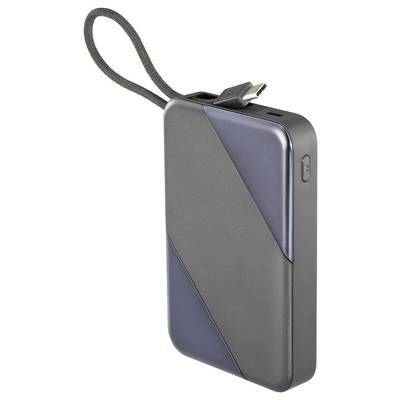 Une batterie externe élégante et portable au design géométrique, dotée d'un câble USB intégré fixé en haut et d'un bouton latéral de commande.