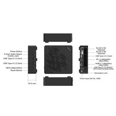 Ordinateur compact en boîtier avec divers ports et boutons étiquetés, comprenant une prise audio jack 3,5 mm, USB, Ethernet, HDMI et entrée d'alimentation.