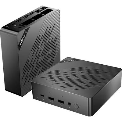 Mini-PC de marque 'MINIX' de couleur noire ; l'un est placé verticalement et montre ses ports, l'autre est posé à plat, révélant une surface à motifs.