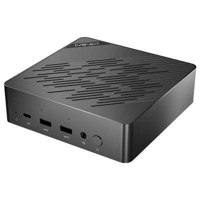 Un ordinateur de bureau compact noir élégant avec plusieurs ports frontaux, comprenant des ports USB et une prise audio, et une marque discrète sur la surface supérieure.