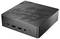 Un ordinateur de bureau compact noir élégant avec plusieurs ports frontaux, comprenant des ports USB et une prise audio, et une marque discrète sur la surface supérieure.