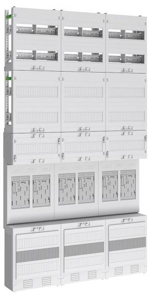 Un panneau électrique modulaire équipé de plusieurs disjoncteurs et compartiments disposés en rangées, utilisé pour la gestion et la distribution de l'électricité.