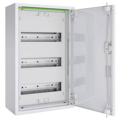 Une armoire électrique ouverte avec trois rails de montage vides et une porte transparente, utilisée pour organiser et protéger des composants électriques.