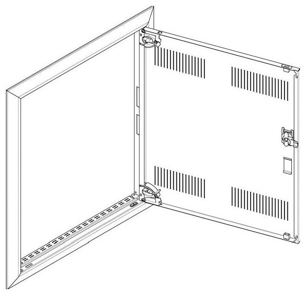 Armoire électrique métallique ouverte avec porte ventilée et système de verrouillage, montrant les charnières et les contours structurels dans un dessin technique.