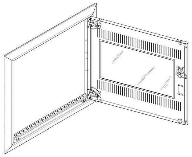 Un schéma illustré d'un boîtier métallique ouvert avec une porte à charnières, montrant des fentes de ventilation et une fenêtre rectangulaire sur la porte.