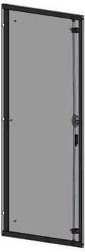 Une porte haute, rectangulaire et transparente avec un encadrement sombre, présentant une poignée visible sur le côté droit.