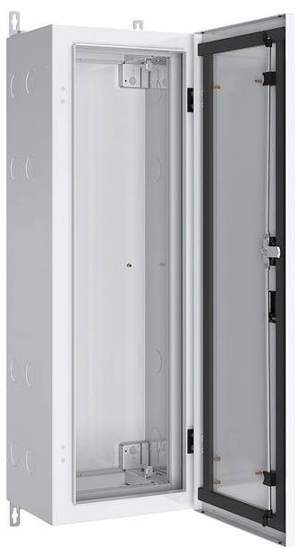 Une armoire électrique métallique haute et rectangulaire avec une porte en verre, ouverte pour révéler un intérieur vide destiné à l'installation de câblage ou d'équipements.