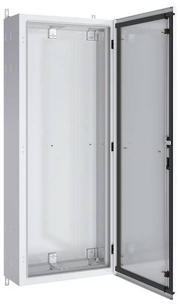 Une armoire électrique blanche en métal, ouverte, vide, avec une porte transparente, mettant en valeur l'espace intérieur et les charnières.