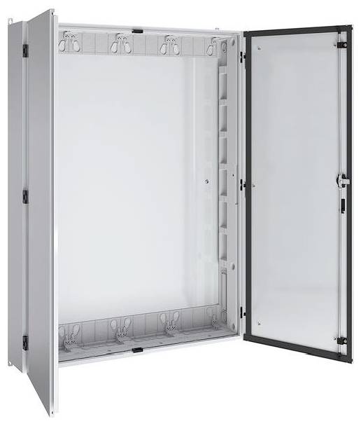 Armoire métallique grise ouverte avec une porte transparente, révélant un intérieur vide.
