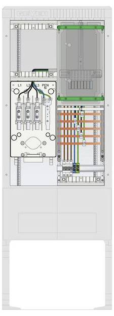 Le schéma montre un diagramme technique d'un tableau électrique avec des câbles étiquetés L1, L2, L3, PEN, et des fils de différentes couleurs organisés en sections.