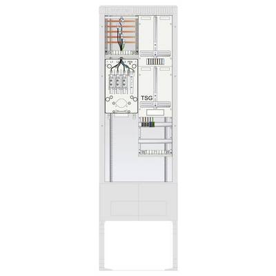 Un tableau électrique vertical affiche des connexions avec des emplacements étiquetés et un câblage organisé. 'TSG' est marqué sur une section, indiquant un module spécifique.