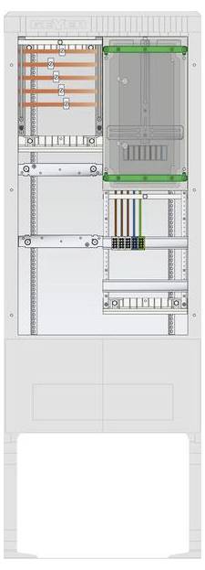 Une armoire de montage vertical avec câblage structuré et équipement réseau soigneusement disposés, présentant une gestion de câbles organisée et des sections étiquetées.