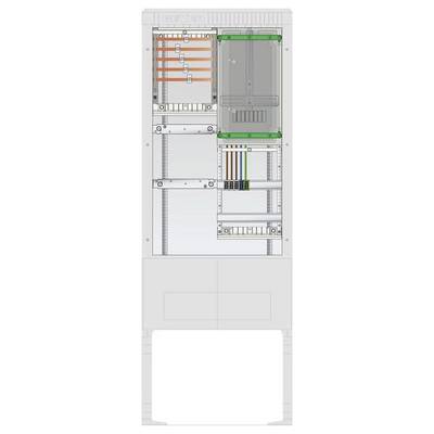 Une armoire de montage vertical avec câblage structuré et équipement réseau soigneusement disposés, présentant une gestion de câbles organisée et des sections étiquetées.
