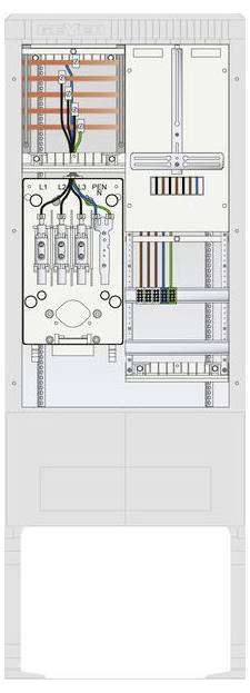 Schéma d'un tableau électrique montrant les connexions de câblage, des disjoncteurs étiquetés L1, L2, L3, et des marquages pour les connexions de neutre et de terre.