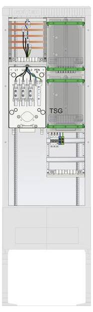 Intérieur de l'armoire TSG montrant un câblage électrique et des composants organisés, incluant des disjoncteurs et des blocs de jonction, pour la gestion du système.