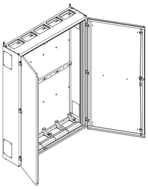 Une armoire électrique ouverte montrant les compartiments intérieurs et les emplacements pour l'installation de matériel, vue sous un léger angle.