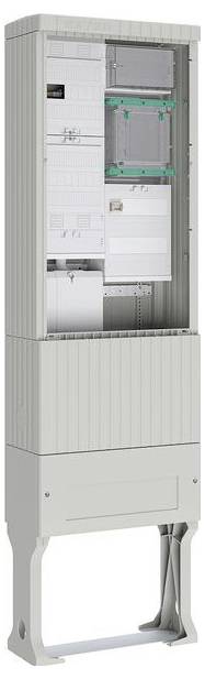 Une armoire électrique ouverte montrant des câblages et des emplacements de compteurs, installée sur un support, destinée à abriter des équipements électriques.
