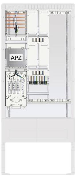 Une vue intérieure d'un armoire de télécommunications avec des sections étiquetées et des câblages visibles, comprenant une section marquée « APZ ».