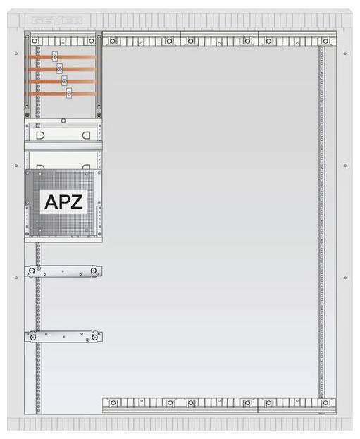 Intérieur d'un tableau électrique montrant le compartiment APZ avec câblage et composants modulaires, comprenant des interrupteurs et des blocs de jonction.