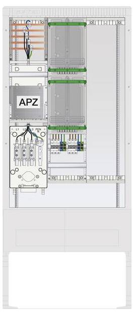 Panneau de commande électrique montrant le câblage, les disjoncteurs et les compartiments étiquetés, comprenant une section marquée « APZ ».