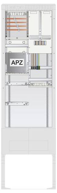 Vue schématique de la façade d'un armoire de commutation, présentant les composants internes, notamment des connecteurs, des jeux de barres et un module 'APZ'.