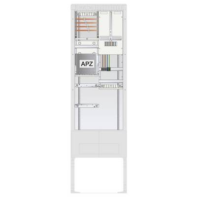 Vue schématique de la façade d'un armoire de commutation, présentant les composants internes, notamment des connecteurs, des jeux de barres et un module 'APZ'.