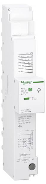 Un disjoncteur électrique de Schneider Electric, modèle A9E18032, avec des spécifications techniques et des schémas sur la face avant.