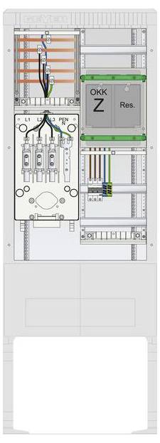'Intérieur du tableau électrique montrant le câblage et les composants. Comprend des disjoncteurs, des fils connectés à des bornes marquées L, N, PE, et section étiquetée OKK Z Res.'