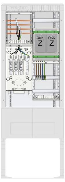 Schéma de tableau électrique montrant les connexions de câblage, les disjoncteurs et deux modules OKK avec des composants et des connexions étiquetés.