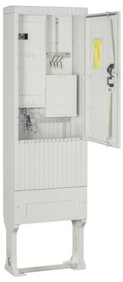 Une armoire électrique dont la porte ouverte révèle des câbles, des connecteurs et un tableau de disjoncteurs à l'intérieur. Un avis jaune est affiché sur la porte.