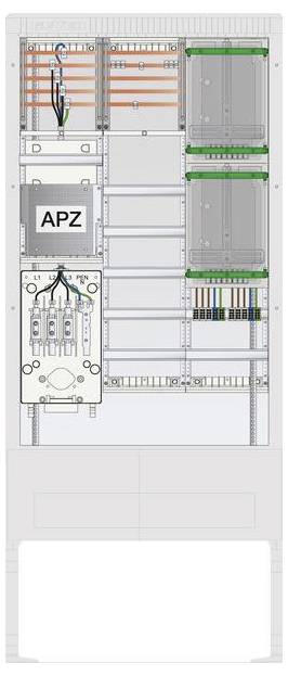 Un panneau électrique avec des composants étiquetés comprenant 'APZ', des disjoncteurs et du câblage, organisé dans une disposition structurée.
