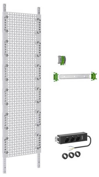 Un rail métallique avec des composants de carte de circuit imprimé fixés, un petit connecteur vert, un composant noir et trois parties circulaires sont présentés.