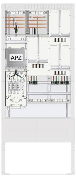 Un panneau électrique étiqueté 'APZ' présente plusieurs fils, interrupteurs et disjoncteurs organisés en rangées à l'intérieur d'un boîtier métallique.