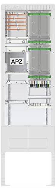 Une illustration numérique d'un bâti d'équipements de télécommunications avec des composants étiquetés, comprenant 'APZ', à l'intérieur d'un boîtier industriel.