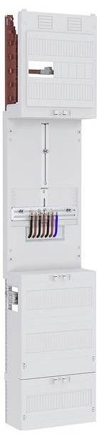 Tableau de distribution électrique avec plusieurs disjoncteurs et fils de couleur connectés, enfermé dans un panneau blanc, utilisé pour la gestion de l'alimentation électrique.