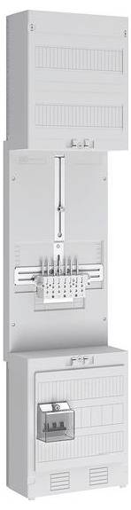 Tableau électrique vertical avec plusieurs sections, montrant des disjoncteurs et un rail de connexion central, utilisé pour la distribution et le contrôle de l'électricité.