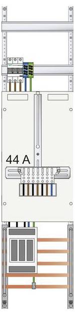 Schéma d'un tableau électrique montrant des fils, un compteur indiquant '44 A', et des disjoncteurs. Les composants sont étiquetés et connectés.