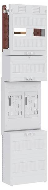 Système de tableau électrique modulaire avec plusieurs compartiments blancs empilés verticalement, présentant des emplacements pour disjoncteurs et câblage.