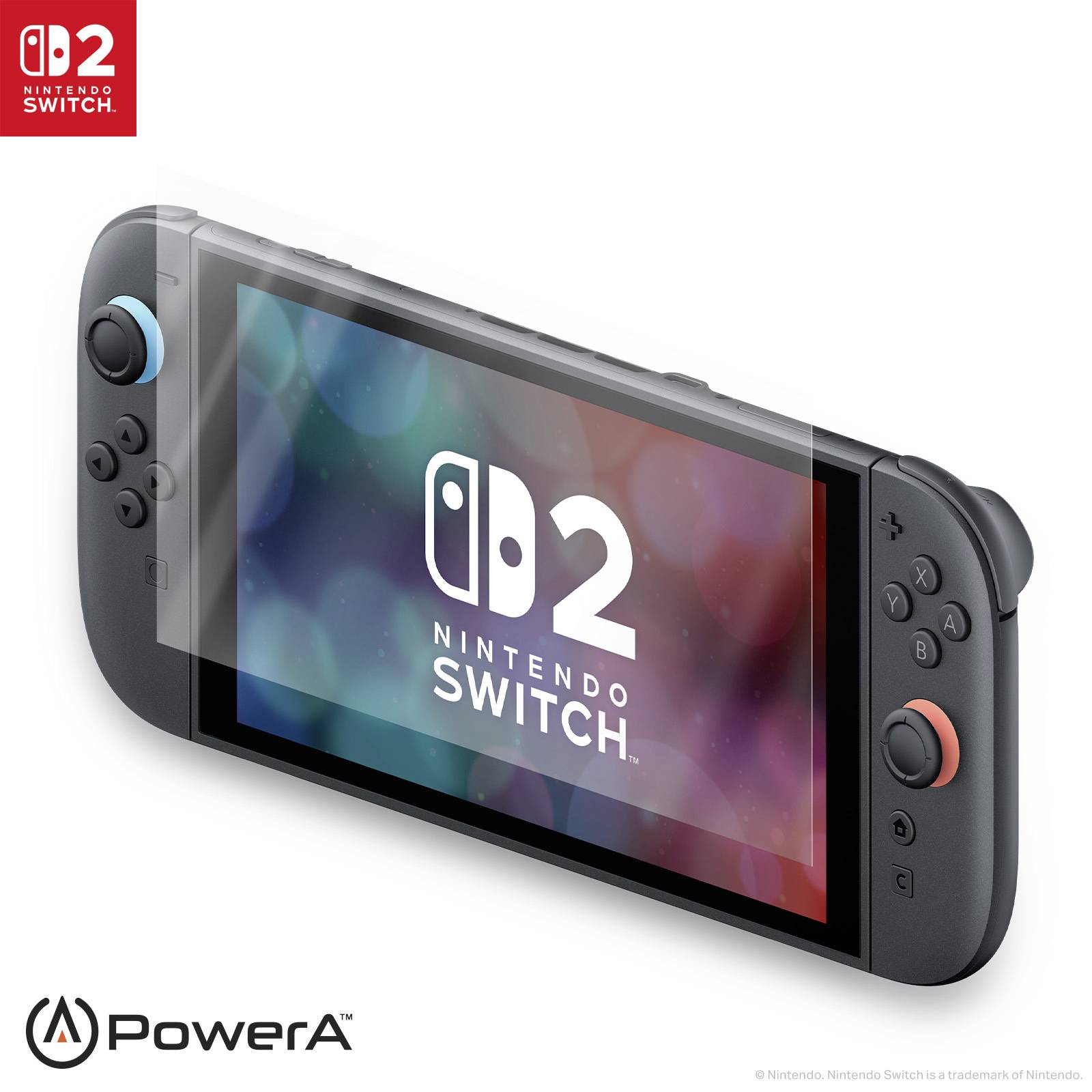 Une console Nintendo Switch avec un protecteur d'écran transparent appliqué. L'écran affiche un arrière-plan coloré avec le texte « P2 Nintendo Switch ».