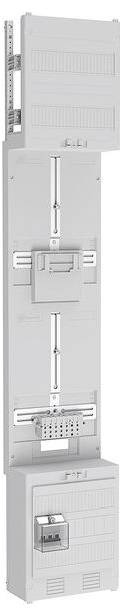 Armoire de distribution électrique avec trois compartiments, présentant des emplacements pour composants électriques et connecteurs, généralement utilisée pour la distribution de circuits.